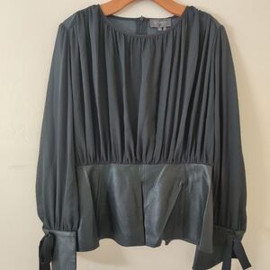 Gracia Black Peplum Chiffon Gathered Blouse With Faux Leather Accents.